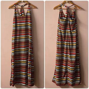 Timing Red Orange/Yellow/Cream/Black Striped Maxi Dress Size S GUC